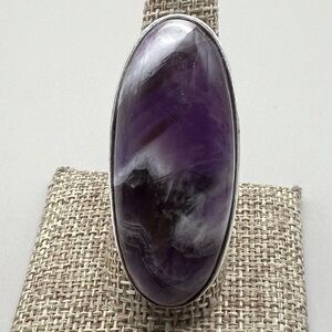 New Large Purple Amethyst and Quartz Crystal Sterling Silver Overlay Ring Size 8